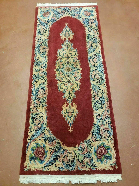 Small Persian Kirman Rug 2x4, Wool Oriental Vintage Handmade Carpet, Hand Knotted Floral Medallion, Red & Beige, Semi Open Field - Nuvé
