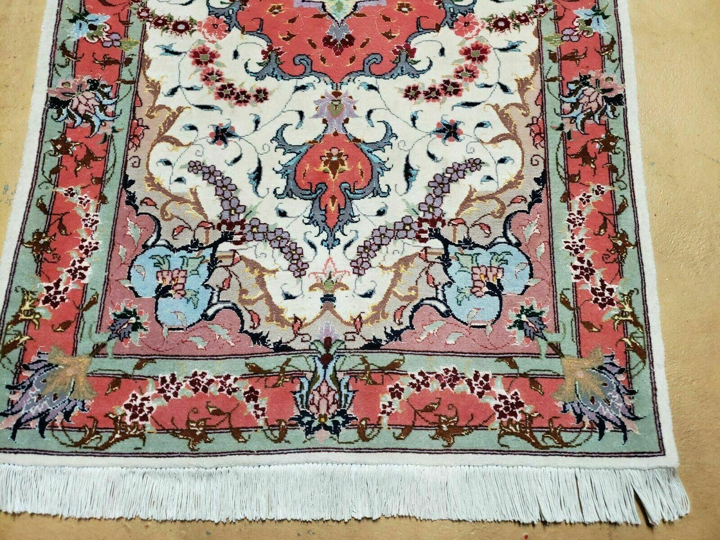 Small Vintage Persian Tabriz Wool and Silk Rug 2.5 x 4 ft, Very Finely Hand Knotted, Medallion, Ivory Salmon Light Blue, Top Quality, Pair B - Nuvé