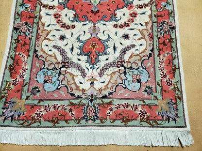 Small Vintage Persian Tabriz Wool and Silk Rug 2.5 x 4 ft, Very Finely Hand Knotted, Medallion, Ivory Salmon Light Blue, Top Quality, Pair B - Nuvé