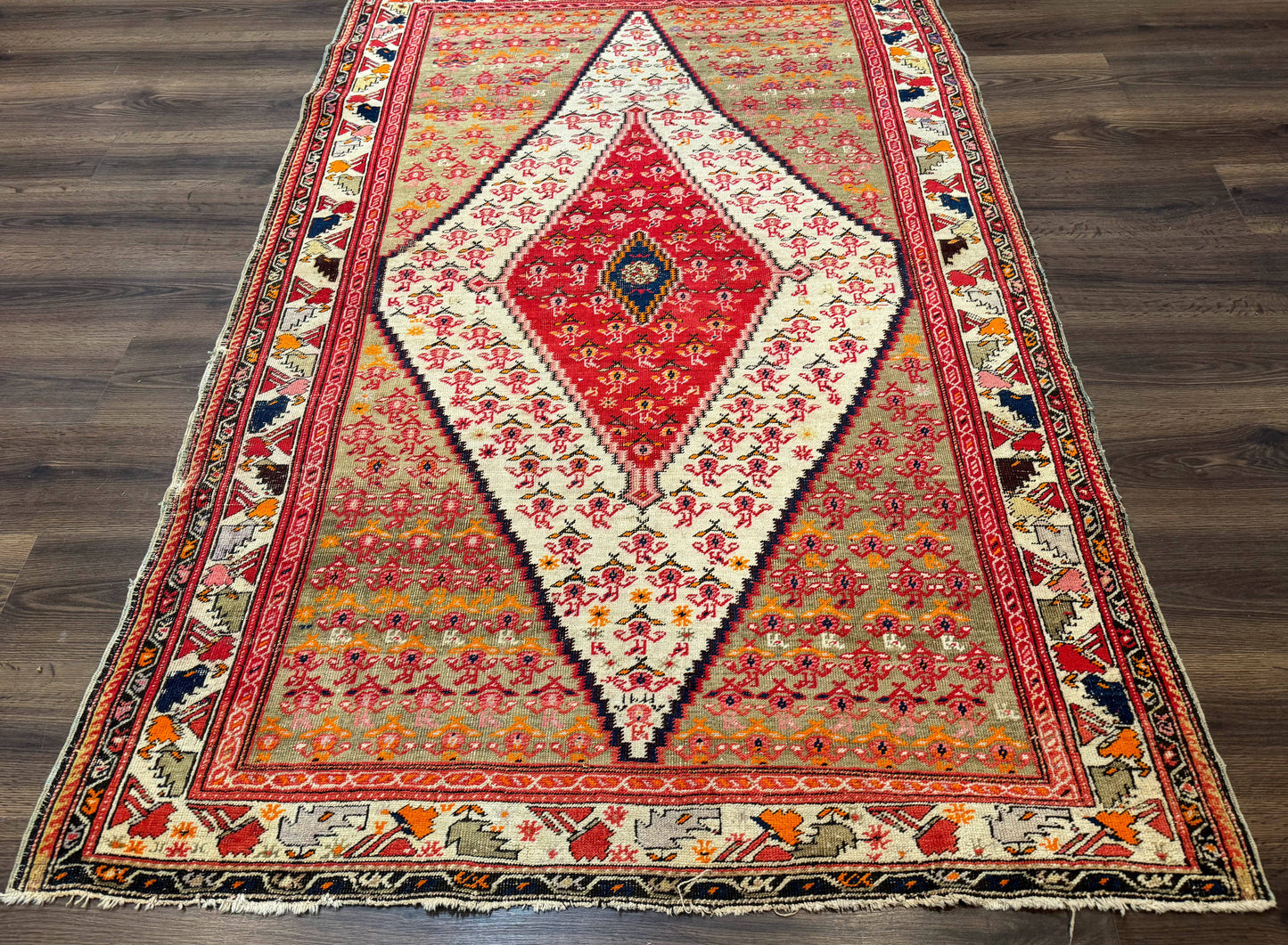 Antique Persian Malayer Rug 4x7, Tribal Senneh Carpet, Geometric, Diamond Design - Nuvé