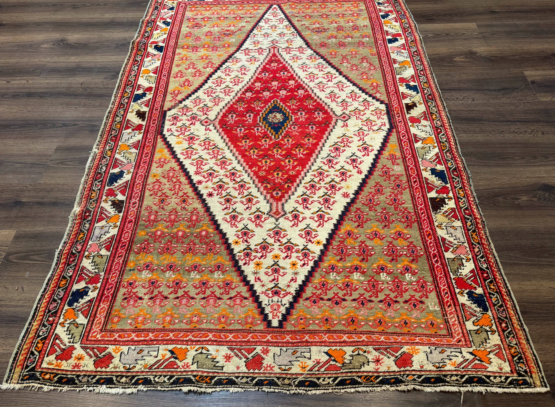 Antique Persian Malayer Rug 4x7, Tribal Senneh Carpet, Geometric, Diamond Design - Nuvé