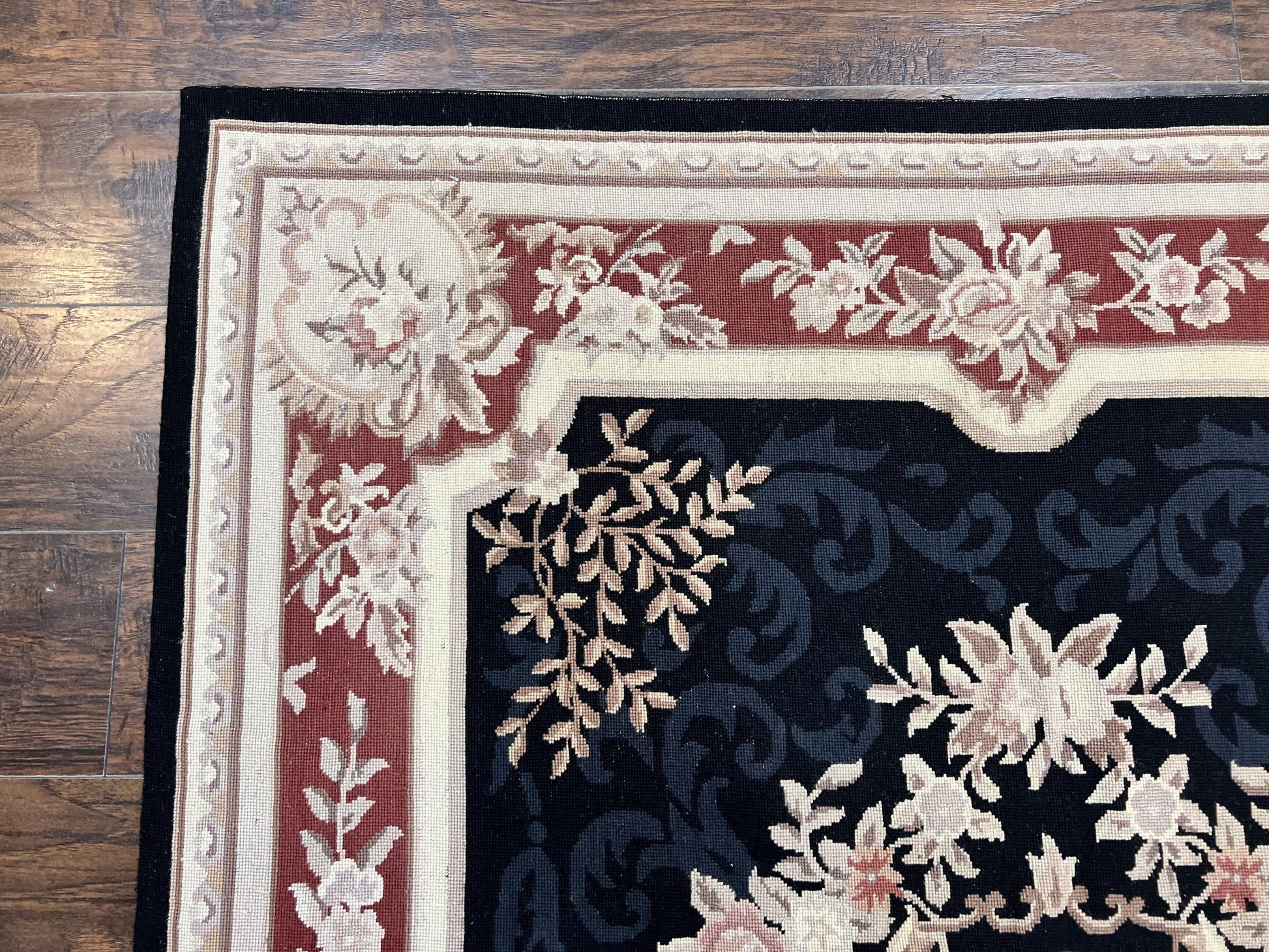 Needlepoint Rug 5x8, Wool Handmade Vintage European Design Carpet, Black & Maroon, French Aubusson Pattern Flatweave Rug - Nuvé
