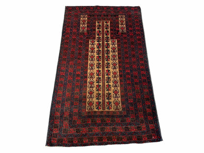 3 X 3.5 New Vintage Handmade Wool Rug Tribal Turkoman Balouch Red Prayer Rug