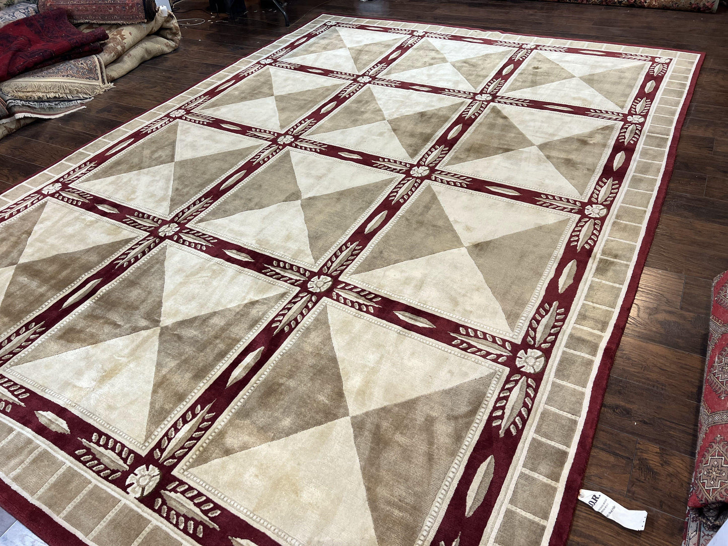 Indo Tibetan Rug 10x14, Nepali Carpet, Large Soft Wool Area Rug, Olive Tan Maroon, Contemporary Rug 10 x 14 ft Living Room Rug, Handmade Rug - Nuvé