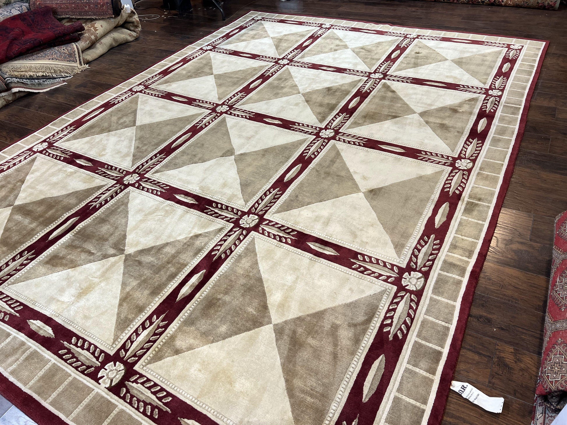 Indo Tibetan Rug 10x14, Nepali Carpet, Large Soft Wool Area Rug, Olive Tan Maroon, Contemporary Rug 10 x 14 ft Living Room Rug, Handmade Rug - Nuvé