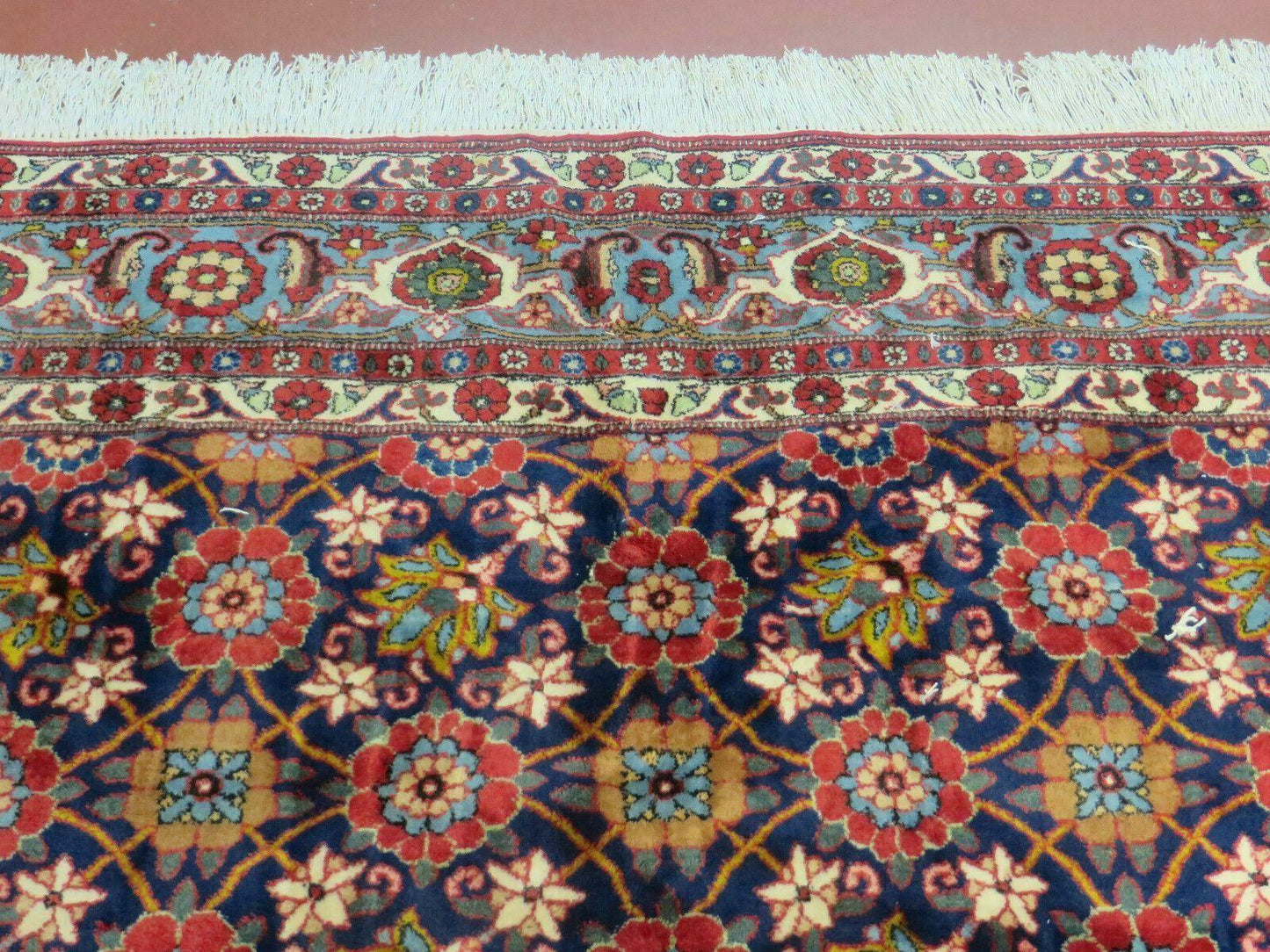 Navy Blue Antique Persian Rug 7x11, Veramin Mina Khani Repeated Allover Pattern, Vintage Authentic Hand Knotted Handmade Wool Room Sized Carpet - Nuvé