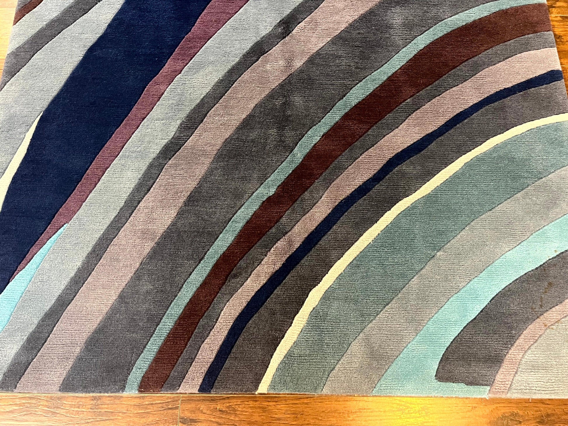 Modern Nepali Handmade Wool Rug 6x8, Blues Gray Mauve, Abstract, Nepali Tibetan Rug - Nuvé