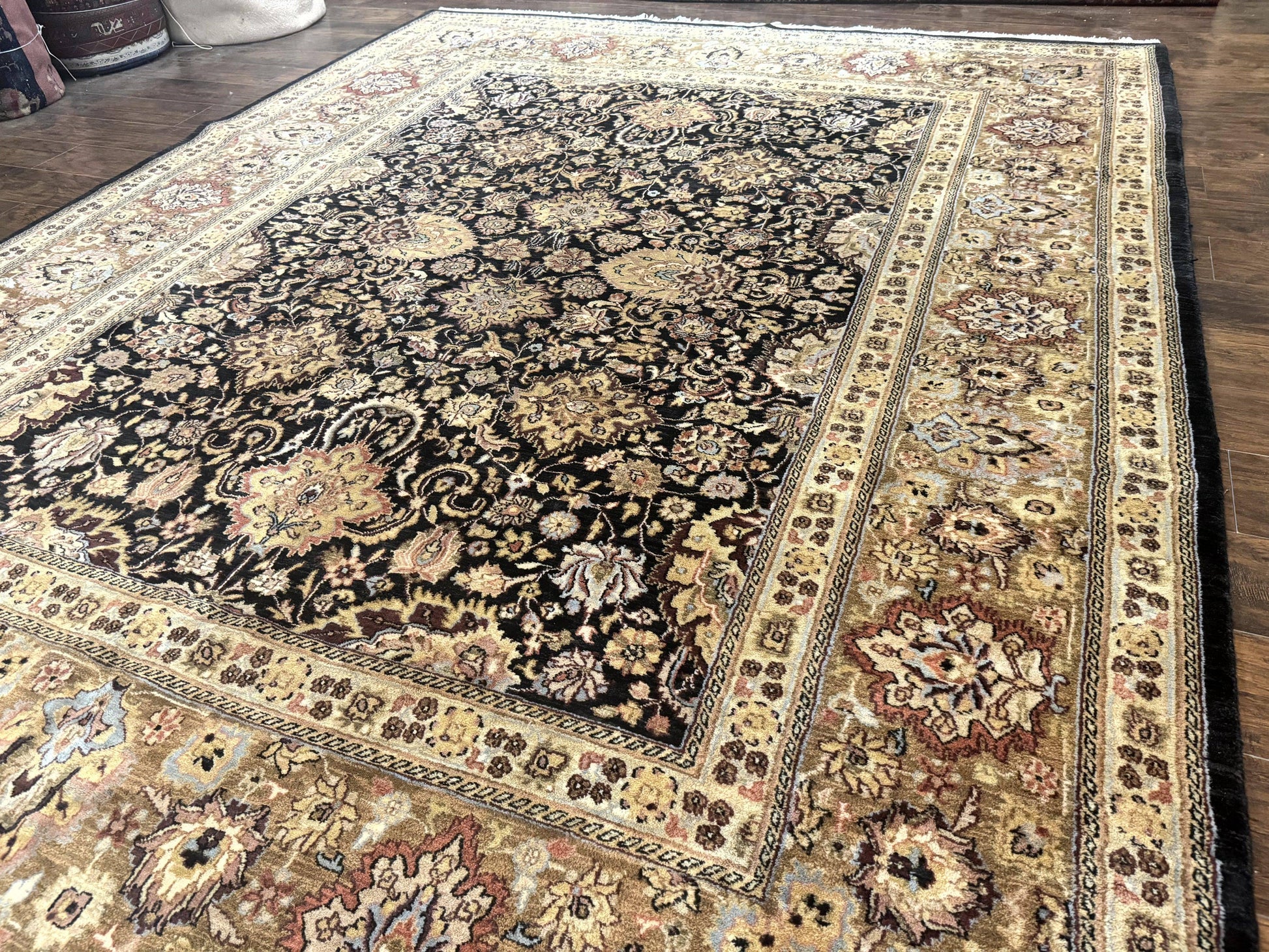 Indo Persian Rug 9x12, Floral Allover, Midnight Blue, Handmade Vintage Wool Oriental Carpet - Nuvé