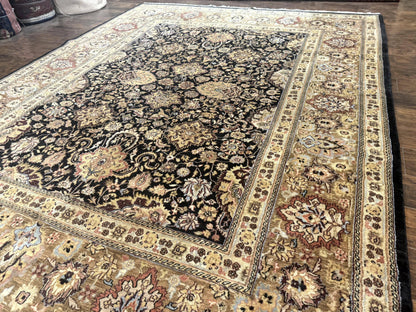 Indo Persian Rug 9x12, Floral Allover, Midnight Blue, Handmade Vintage Wool Oriental Carpet - Nuvé