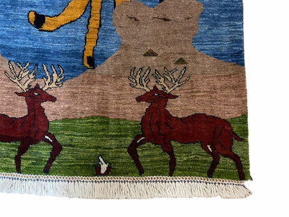 3 x 5 Handmade New Vintage Wool Blue Rug Leopard Lion Jaguar Deer Organic Dyes - Nuvé