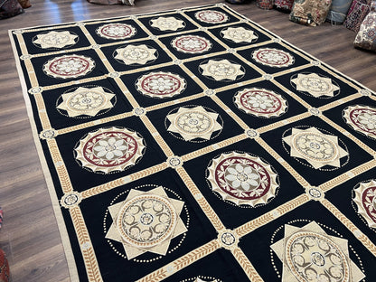 Large Needlepoint Rug 10x13, Panel Design, Black and Beige, Wool Needlepoint Carpet 10 x 13, English Garden, Handwoven Area Rug, Living Room - Nuvé