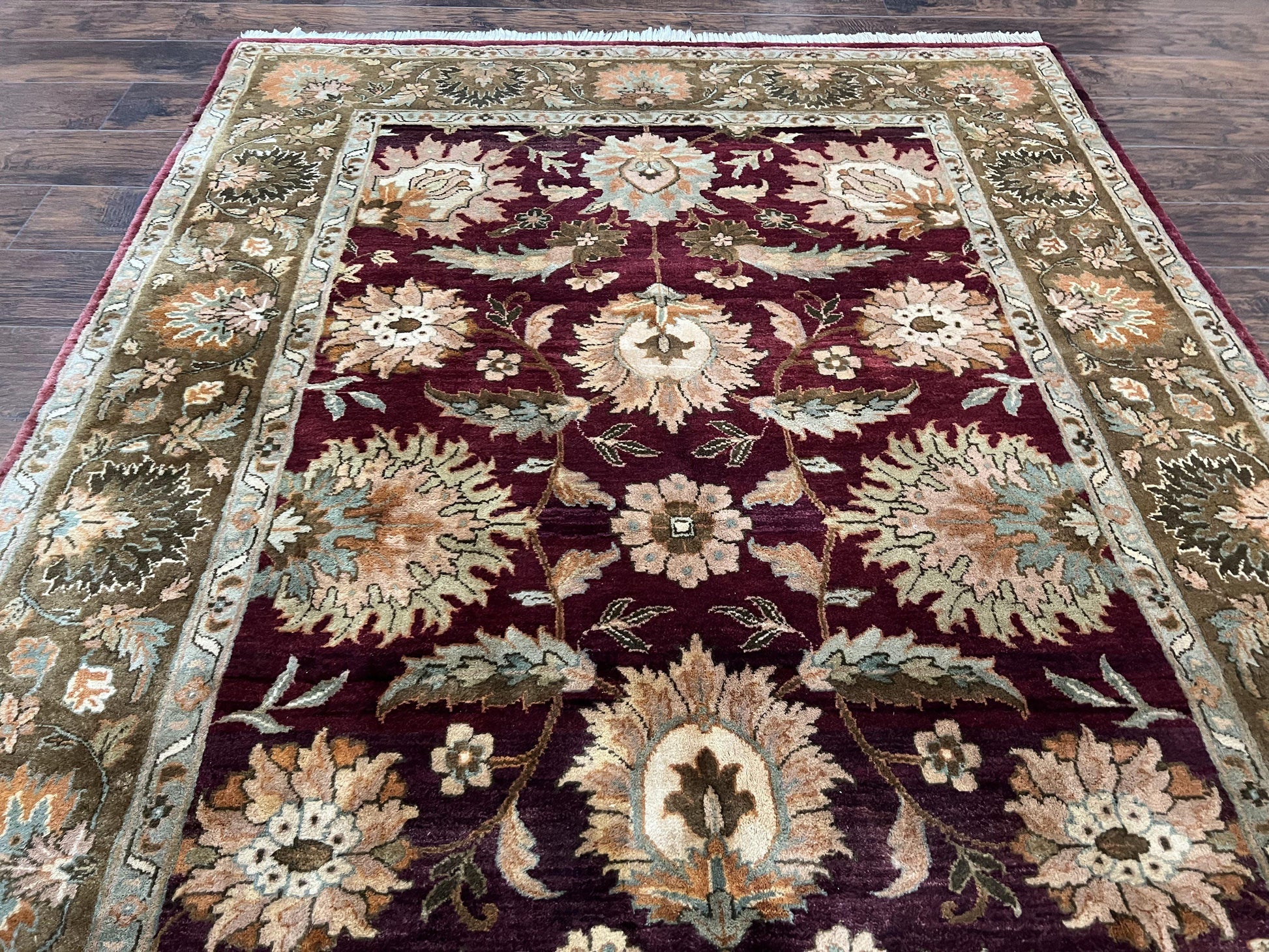 Indo Mahal Rug 6x9, Large Flowers Allover, Maroon and Green, Handmade Wool Area Rug, Vintage Rug, Indian Oriental Carpet, Hand Knotted Rug - Nuvé