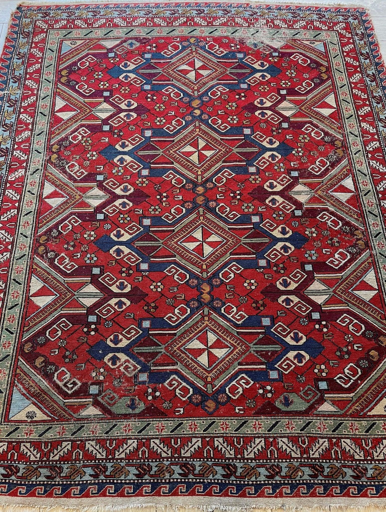 Fine Antique Natural Dyes Caucasian Soumak Area Rug 73''x91'' - Nuvé