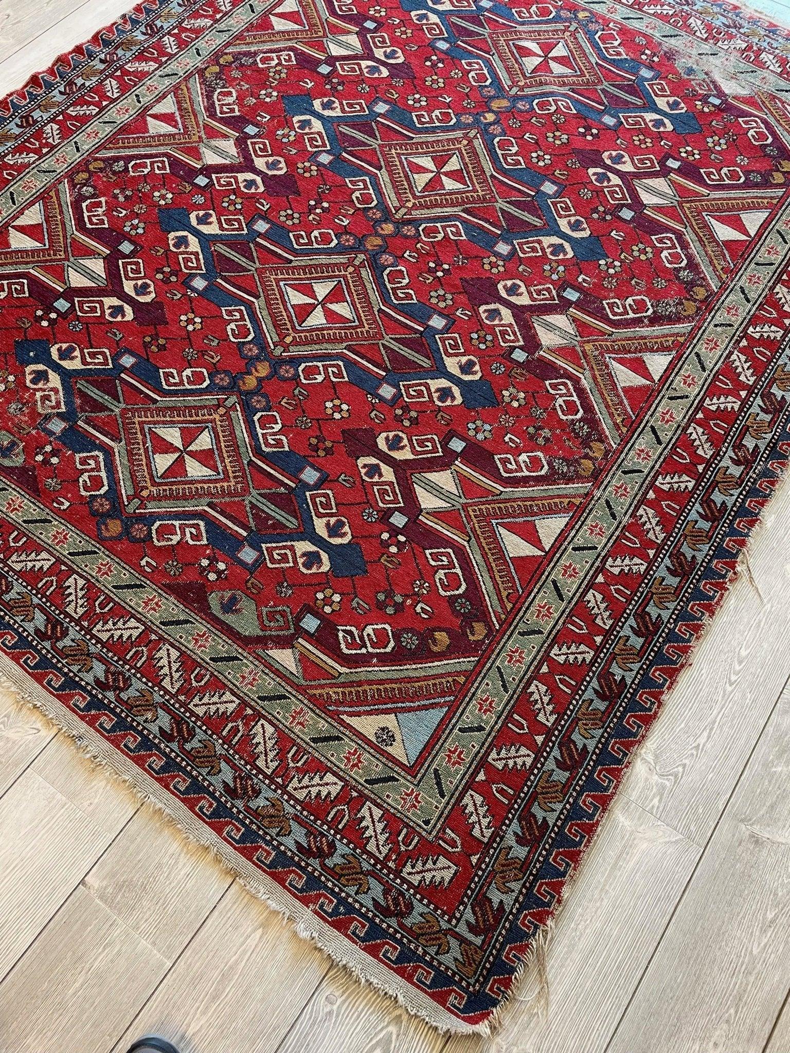 Fine Antique Natural Dyes Caucasian Soumak Area Rug 73''x91'' - Nuvé