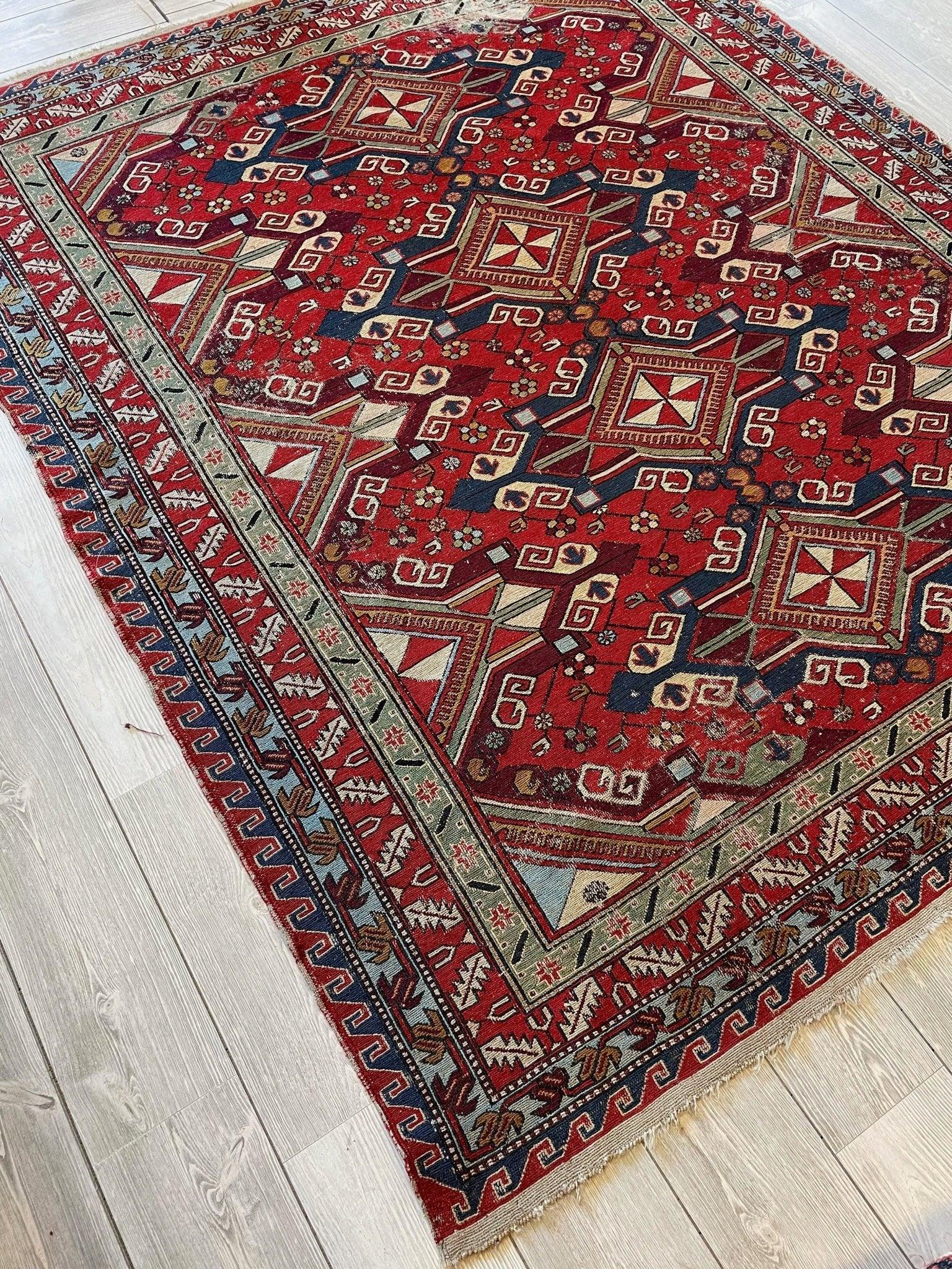 Fine Antique Natural Dyes Caucasian Soumak Area Rug 73''x91'' - Nuvé