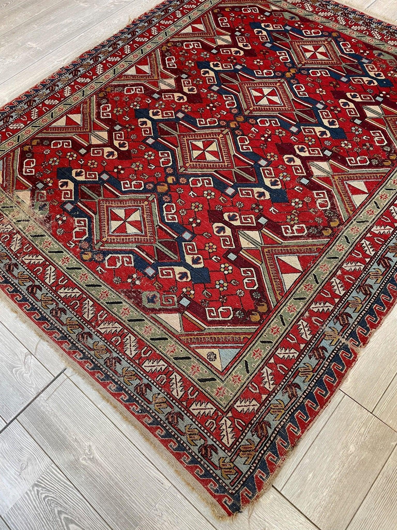 Fine Antique Natural Dyes Caucasian Soumak Area Rug 73''x91'' - Nuvé