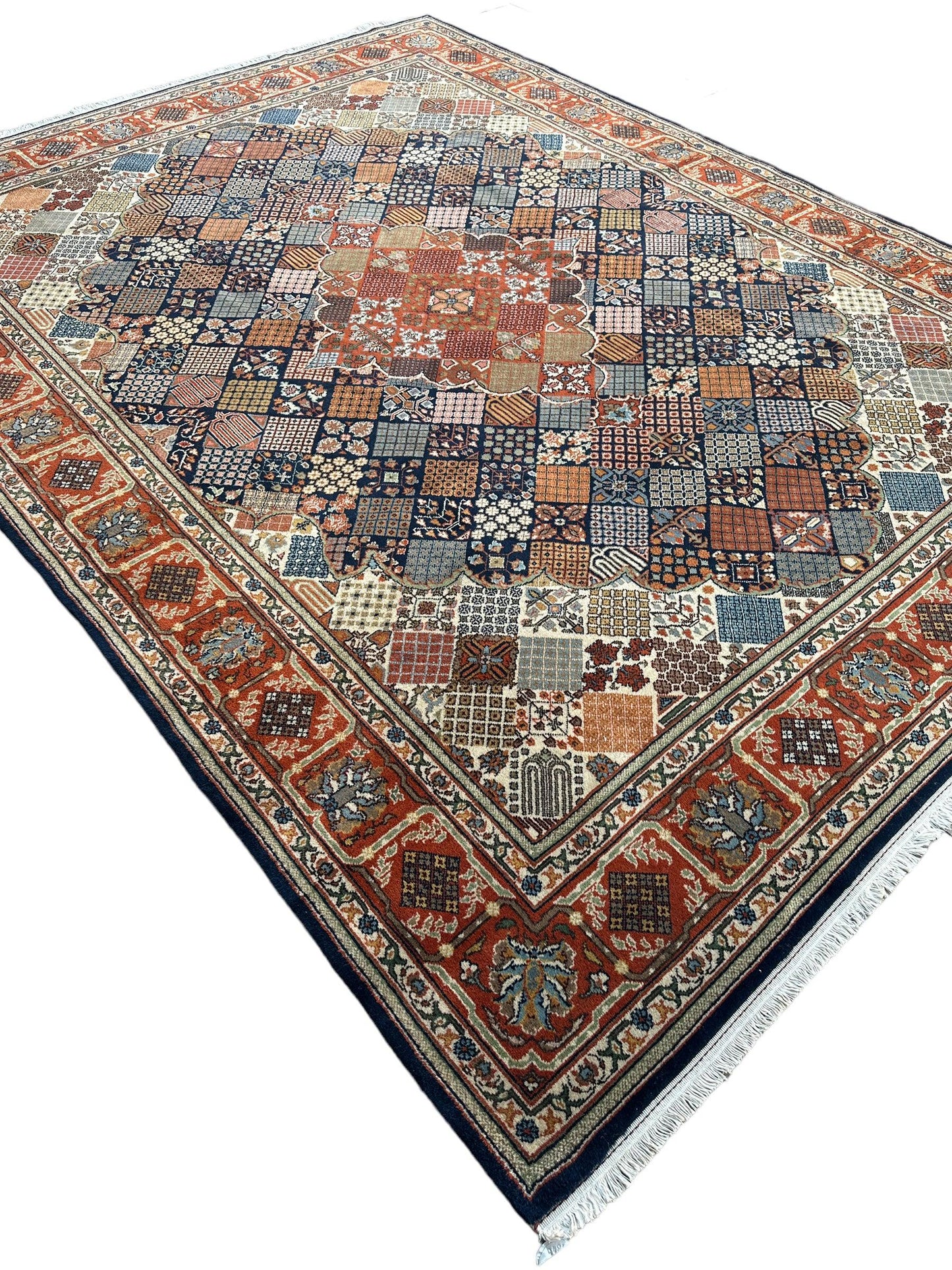 Hand-Knotted Indo-Joshegan Wool Rug – 12'2" x 9'1" – Geometric Medallion Design, Rich Warm Palette - Nuvé