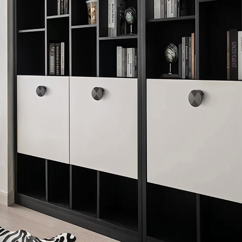 Modern residence supply Flict geometric cabinet knob on a contemporary bookcase, showcasing stylish cabinet hardware design.