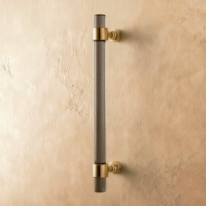 Acrylic Frada knob and pull bar from Residence Supply, sleek cabinet hardware for modern kitchen or bathroom cabinets.