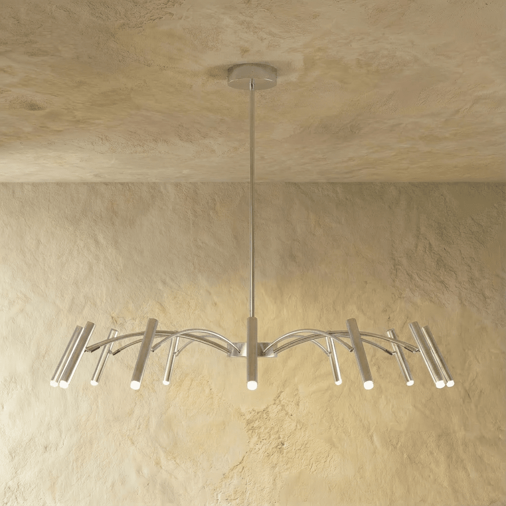 Elegant Funale chandelier by Residence Supply with intricate metalwork and multiple light bulbs, ideal for stylish interior lighting.