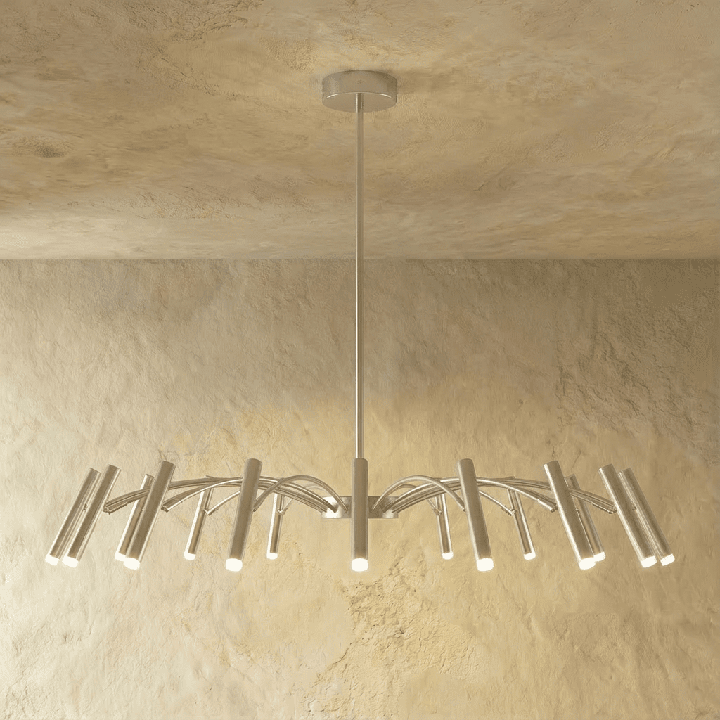 Residence Supply Funale chandelier with multiple glass pendant lights hanging from a sleek metal frame.