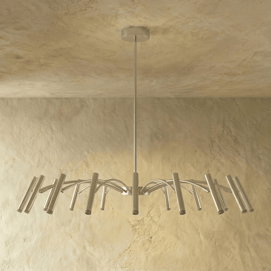 Elegant Funale chandelier by Residence Supply with intricate glass detailing, hanging from a sleek metal frame.