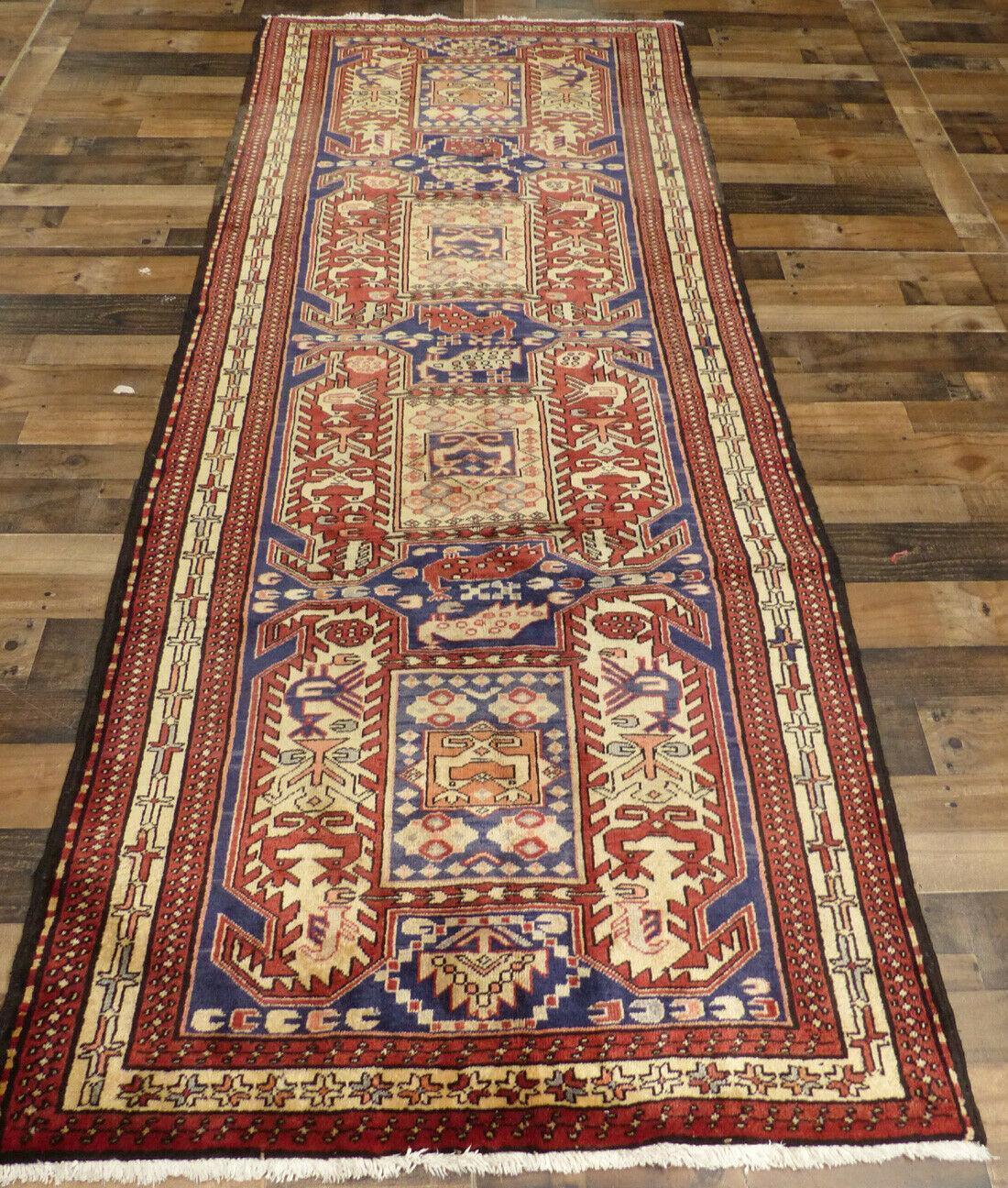 Geometric Meshkin Persian Vintage Runner Rug Handmade Wool Carpet - 4'0"x 10'4" - Nuvé