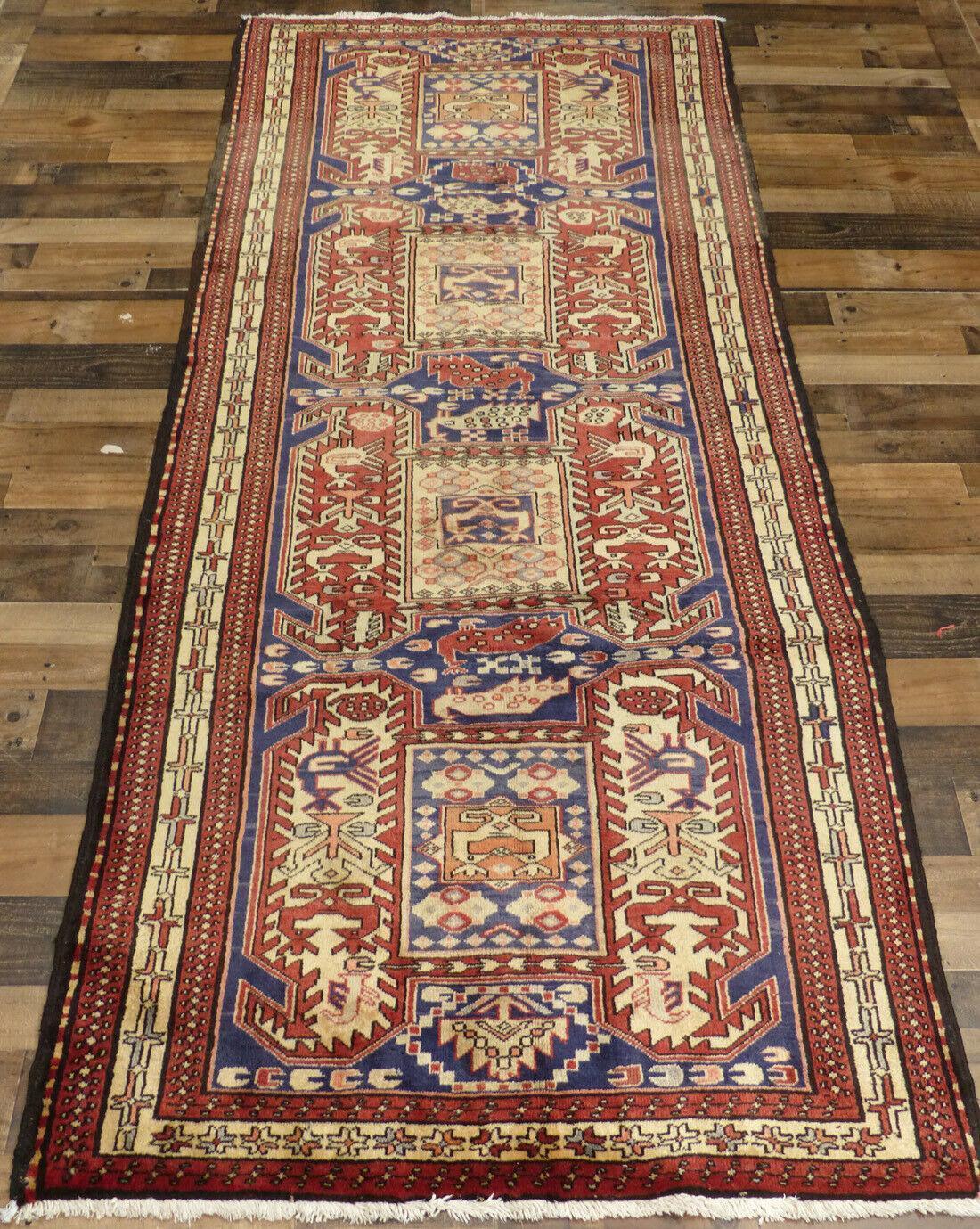 Geometric Meshkin Persian Vintage Runner Rug Handmade Wool Carpet - 4'0"x 10'4" - Nuvé