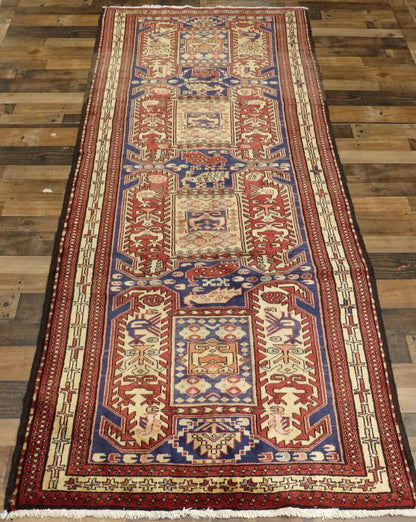 Geometric Meshkin Persian Vintage Runner Rug Handmade Wool Carpet - 4'0"x 10'4" - Nuvé