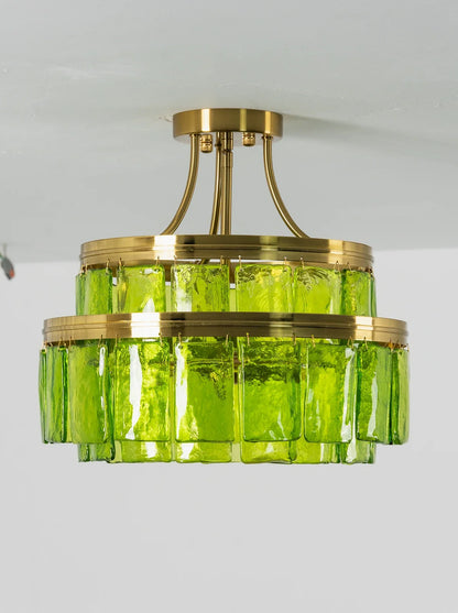 Green Glass Drum-Shaped Ceiling Light
