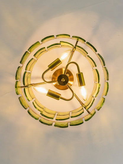 Green Glass Drum-Shaped Ceiling Light