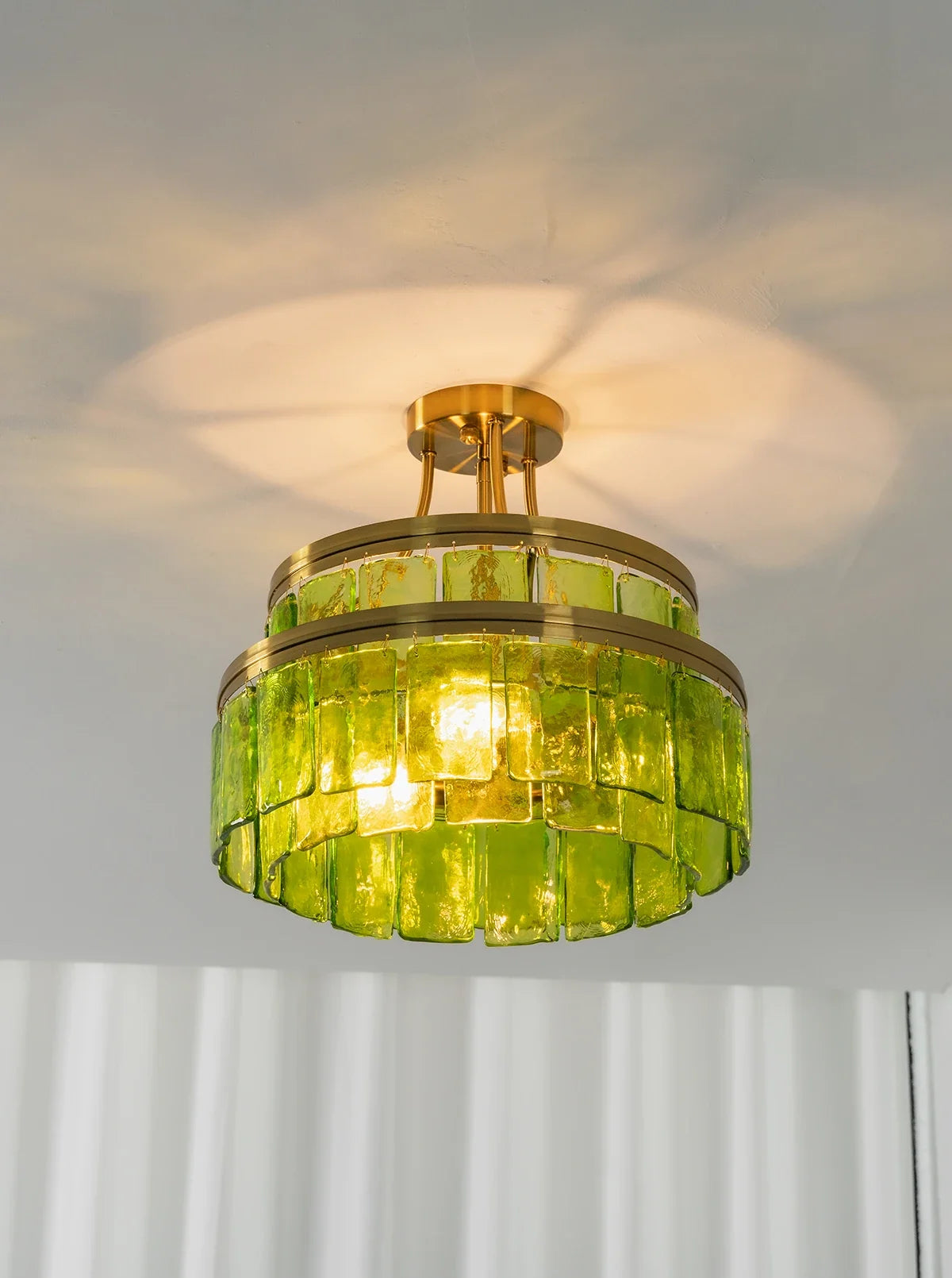 Green Glass Drum-Shaped Ceiling Light
