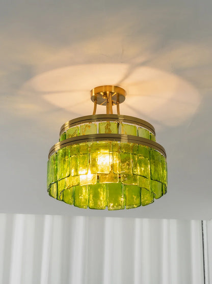 Green Glass Drum-Shaped Ceiling Light