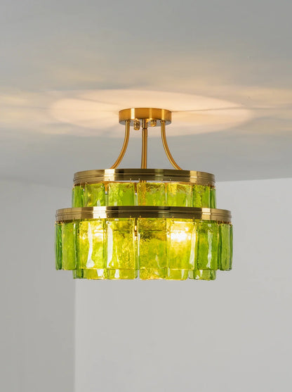 Green Glass Drum-Shaped Ceiling Light
