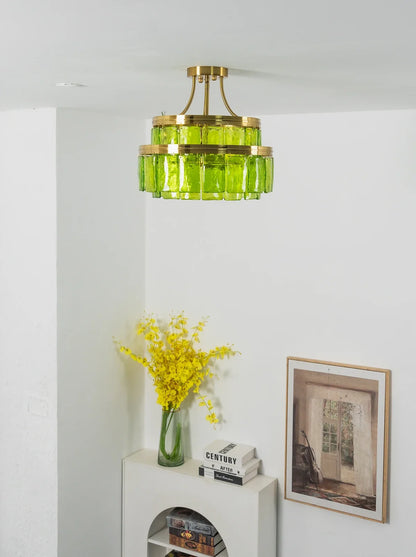 Green Glass Drum-Shaped Ceiling Light