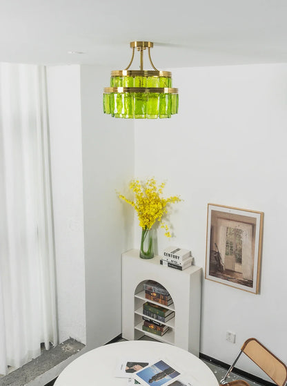 Green Glass Drum-Shaped Ceiling Light
