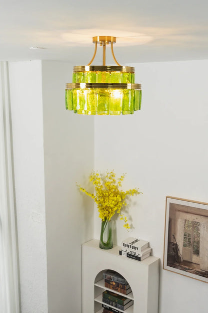 Green Glass Drum-Shaped Ceiling Light