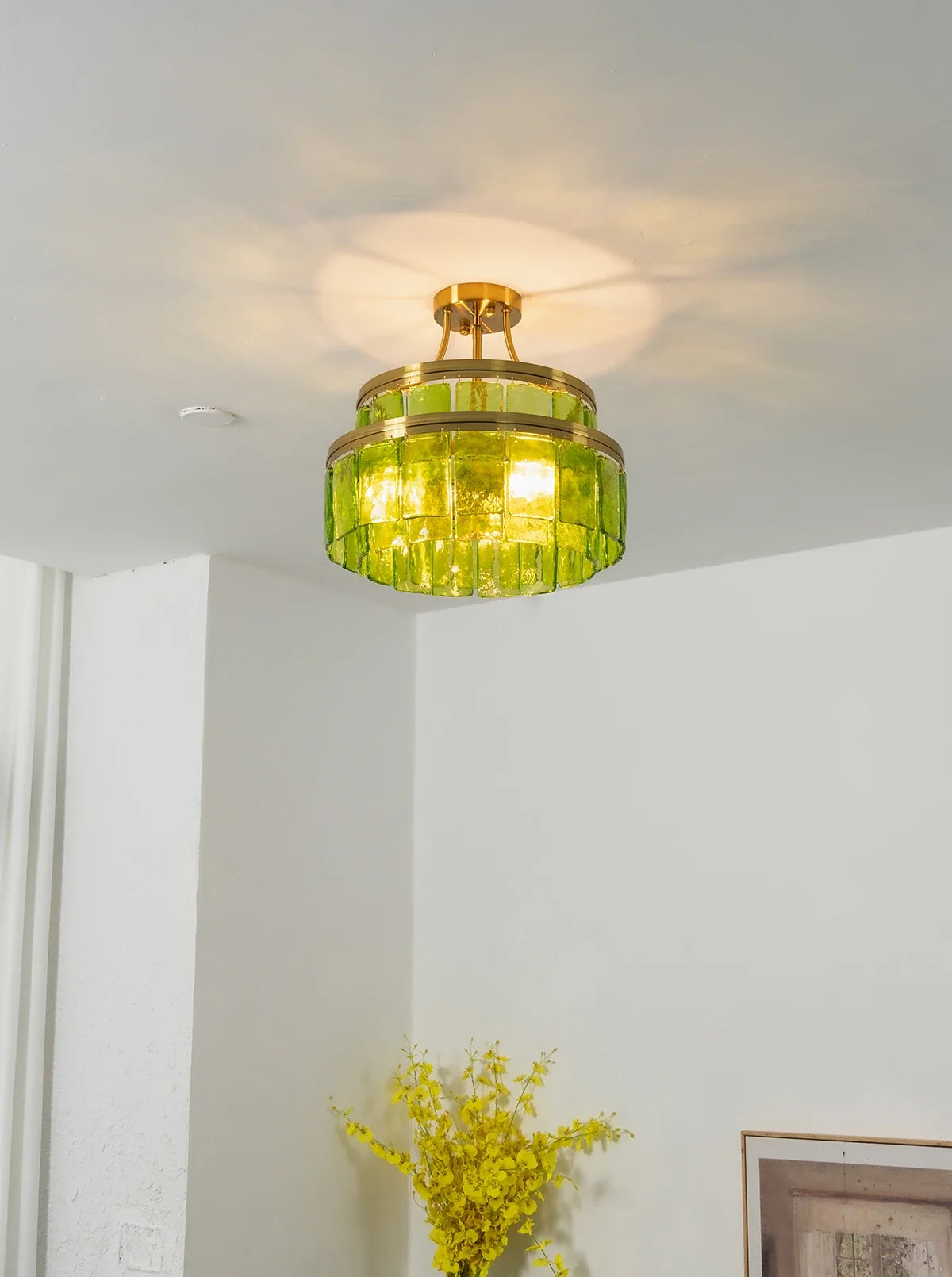 Green Glass Drum-Shaped Ceiling Light