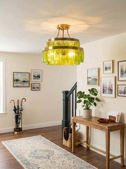 Green Glass Drum-Shaped Ceiling Light