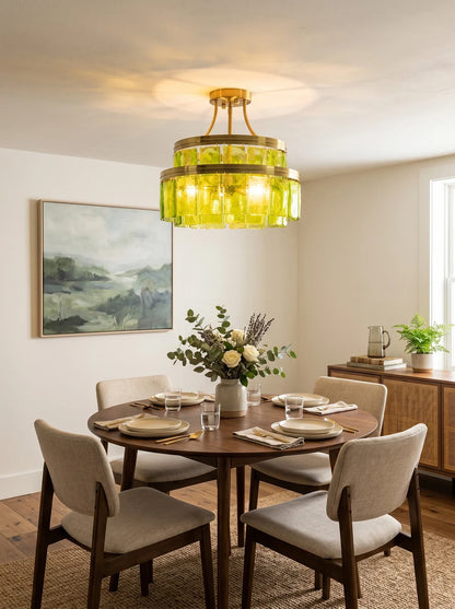 Green Glass Drum-Shaped Ceiling Light