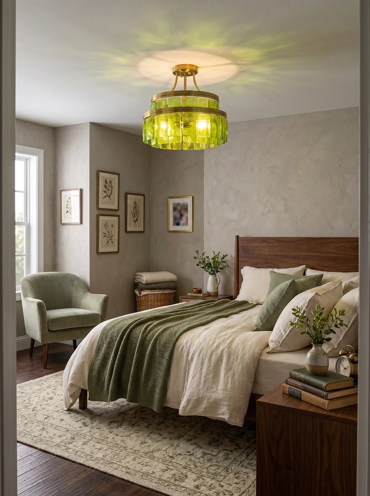 Green Glass Drum-Shaped Ceiling Light