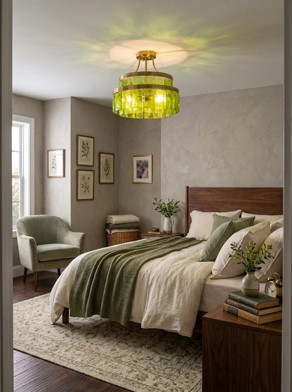 Green Glass Drum-Shaped Ceiling Light