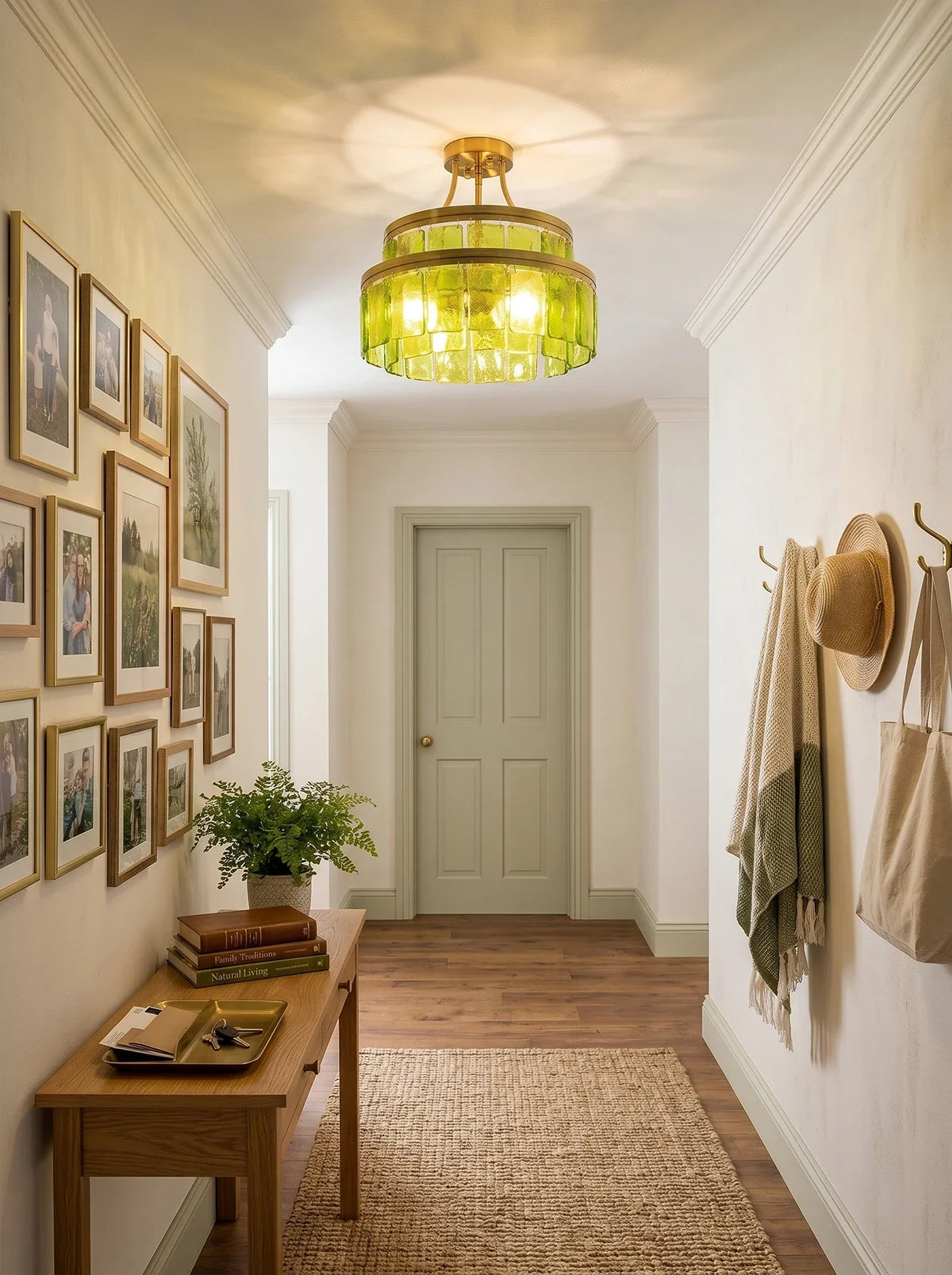 Green Glass Drum-Shaped Ceiling Light