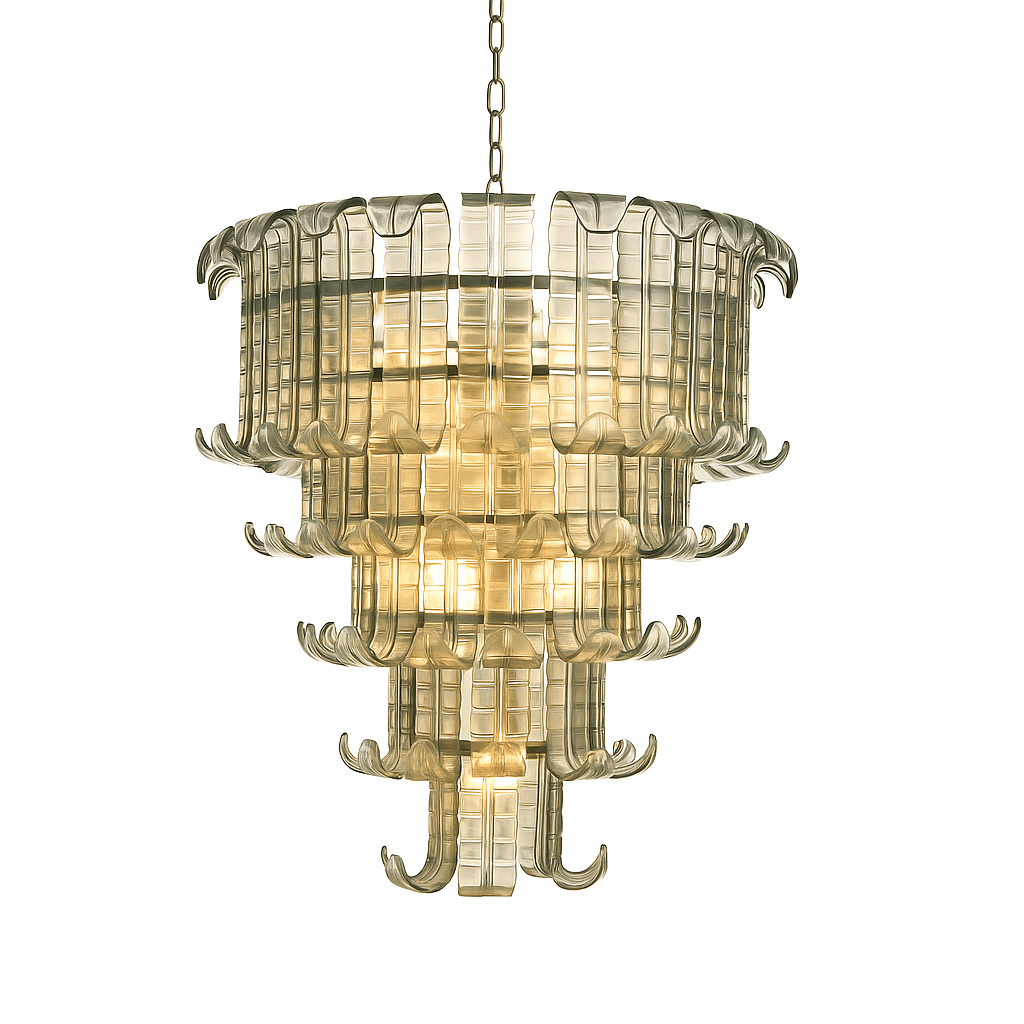 Elegant Halan chandelier by Residence Supply with intricate metal details and multiple light fixtures hanging from a stylish frame.