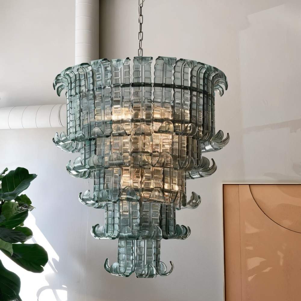 Close-up of the Residence Supply Halan Chandelier featuring tiered glass design and intricate detailing.