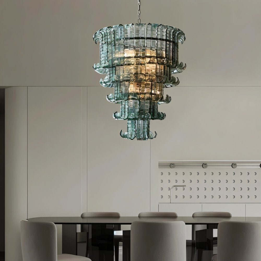 Halan chandelier by Residence Supply featuring tiered glass design, ideal for dining room lighting decor.