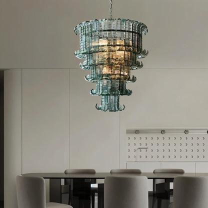Halan chandelier by Residence Supply featuring tiered glass design, ideal for dining room lighting decor.
