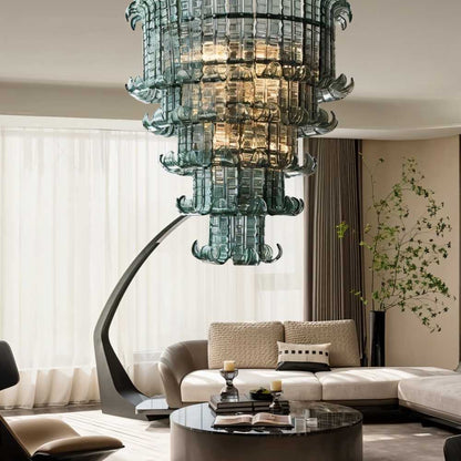 Elegant Halan chandelier by Residence Supply featuring tiered glass design, perfect for luxury living room decor.