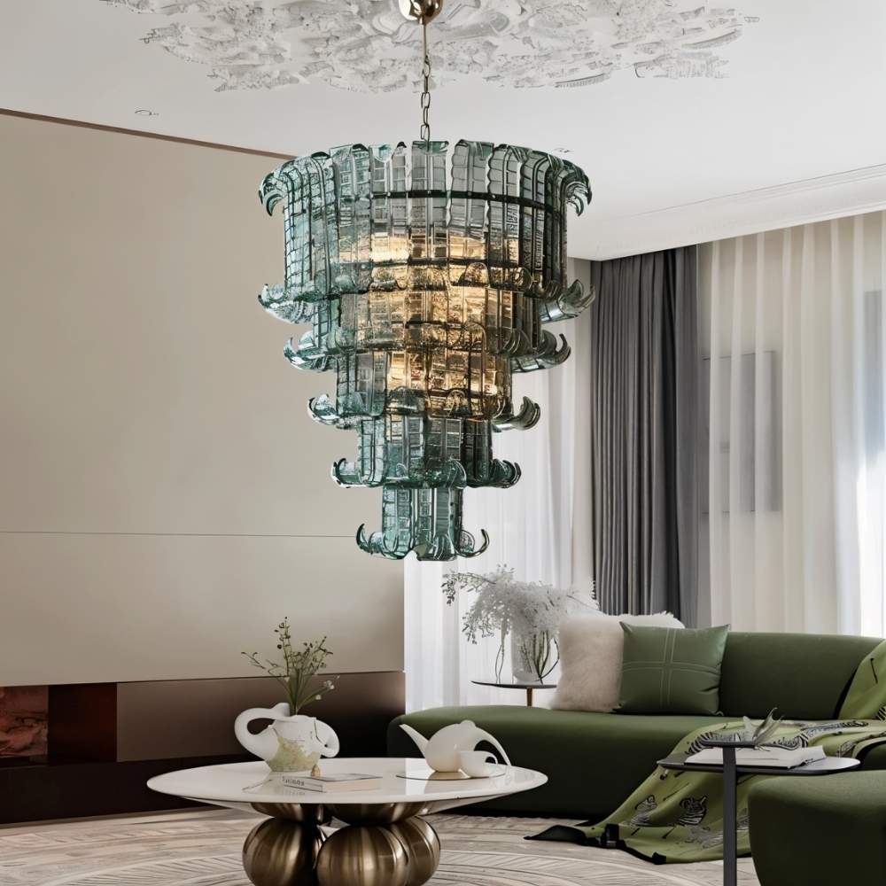Modern Halan Chandelier by Residence Supply with tiered glass design, ideal for contemporary living room lighting.