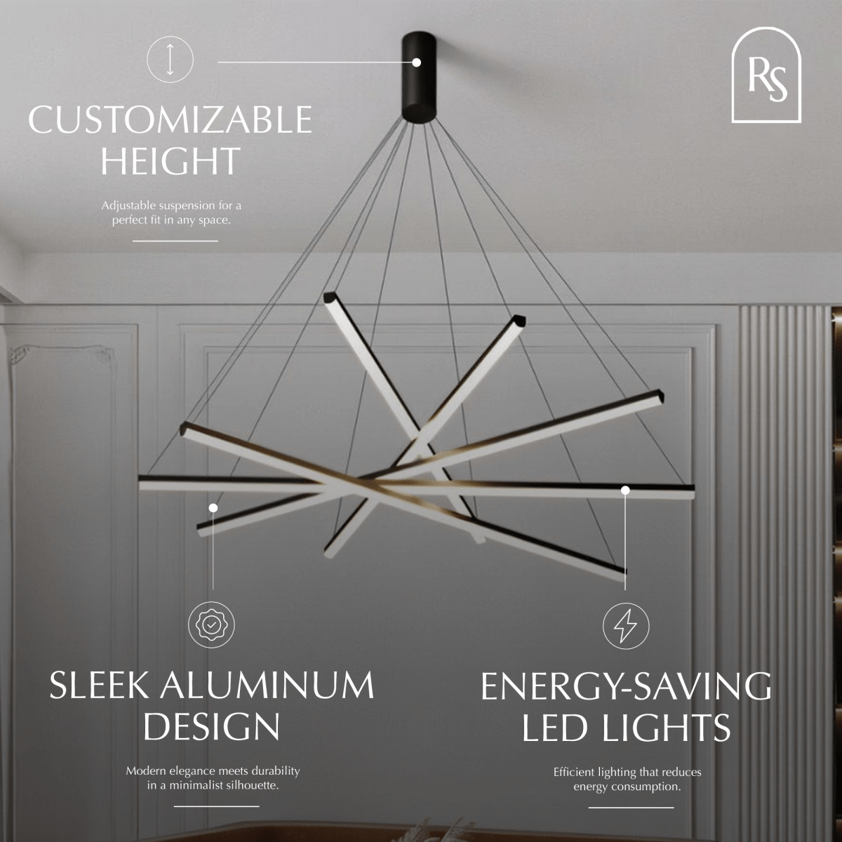 Ilona chandelier by Residence Supply featuring a modern design with multiple hanging glass pendant lights and a sleek metal frame.
